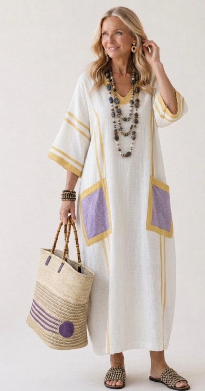 Zafira | Vestido Maxi de Manga Curta e Decote em V com Bolsos