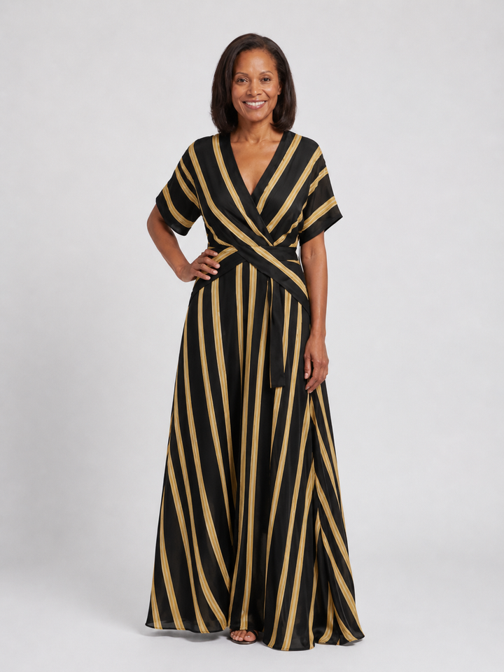 Lina | Vestido midi listrado com envoltura e decote em V de manga curta