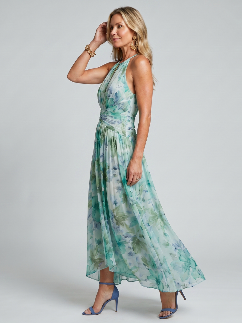 Portia | Vestido Midi de Flores com Pregas e Decote Halter