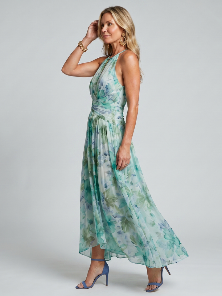 Portia | Vestido Midi de Flores com Pregas e Decote Halter