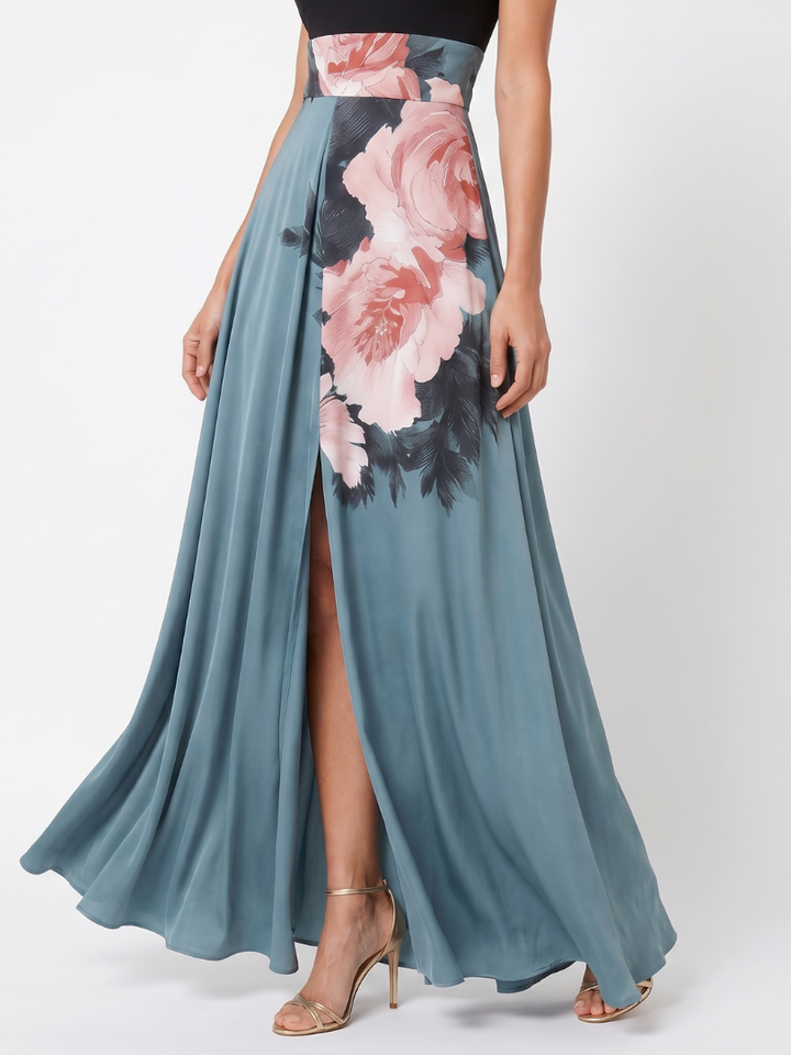 Olympas | Vestido Maxi de Saia Floral com Corpo Halter