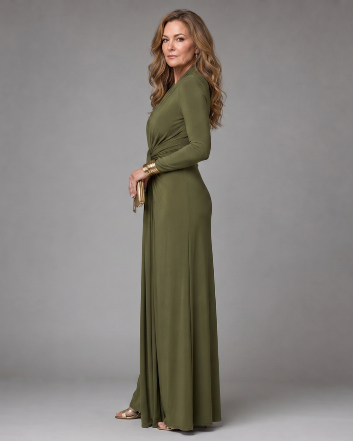 Vimmer | Vestido Maxi de Manga Longa com Decote V Profundo Drapado