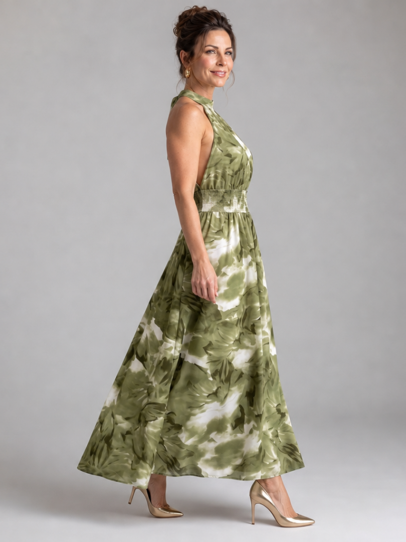 Olivia | Vestido Midi de Impressão Abstrata com Cintura Fruncida