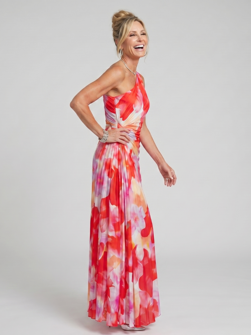 Taya | Vestido Midi com Corpo Plissado de Um Ombro