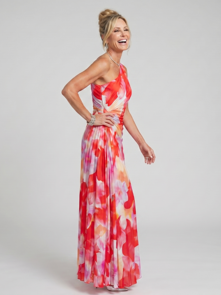 Taya | Vestido Midi com Corpo Plissado de Um Ombro