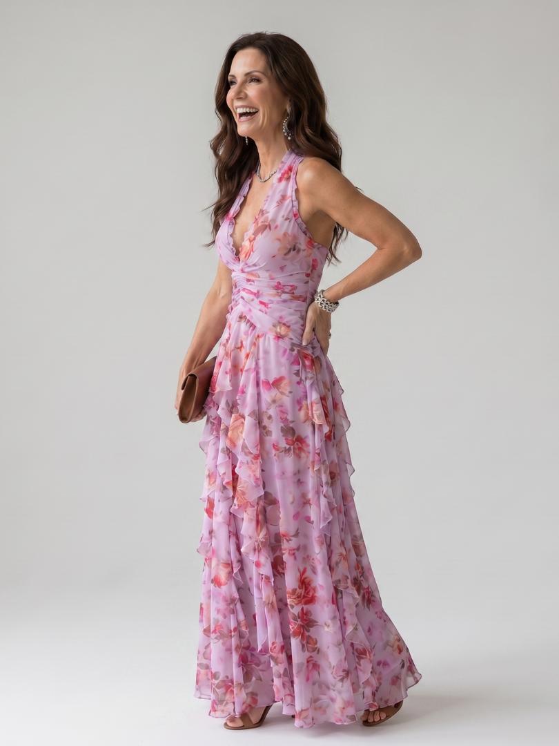 Nori | Vestido Maxi Floral com Decote Halter e Corpo Fruncido