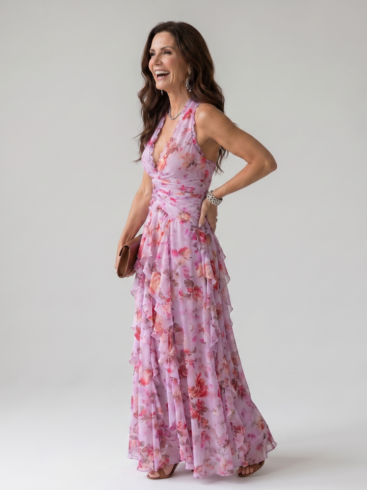 Nori | Vestido Maxi Floral com Decote Halter e Corpo Fruncido