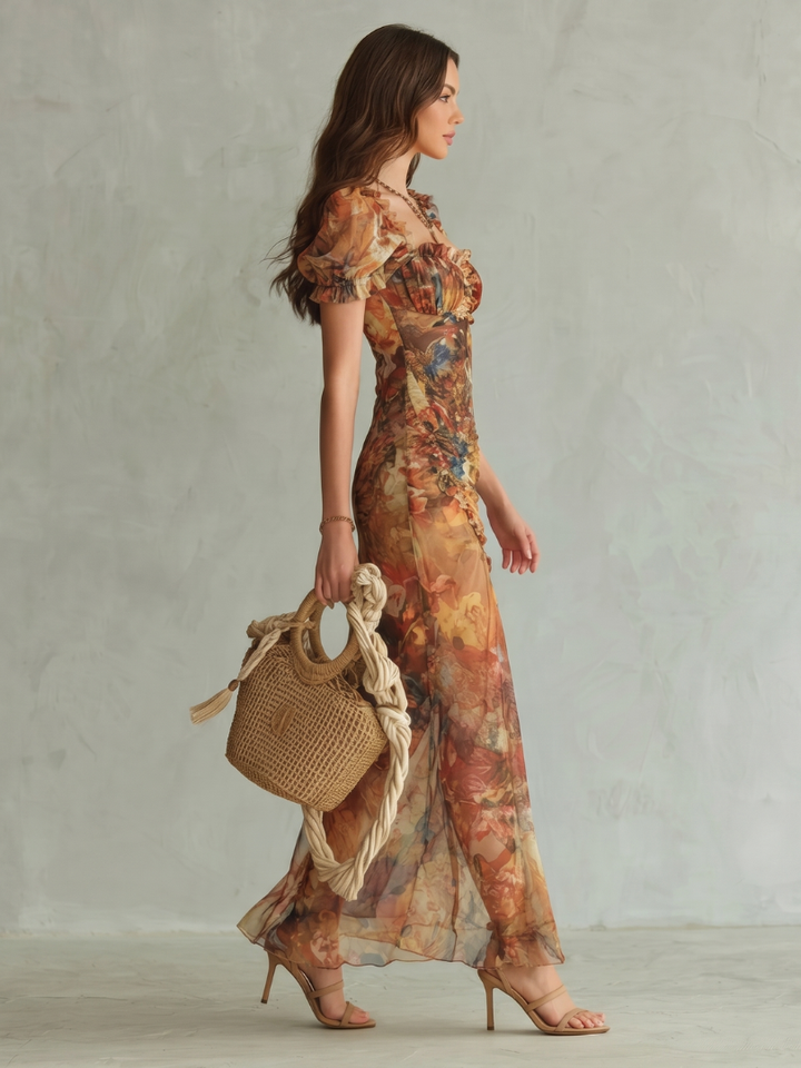 Ciel | Vestido Midi com Mangas Voladas e Abertura