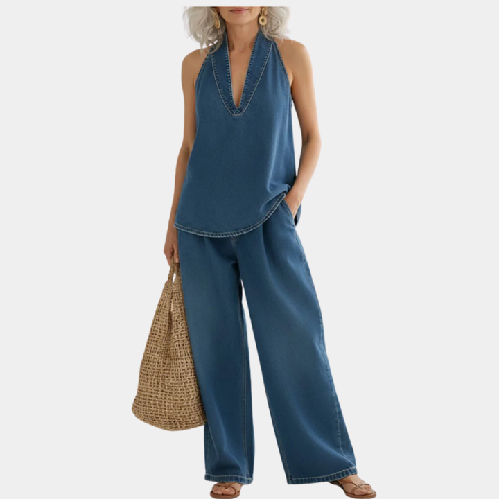 Ivy | Conjunto em Denim Lavado Vintage de Dois Peças