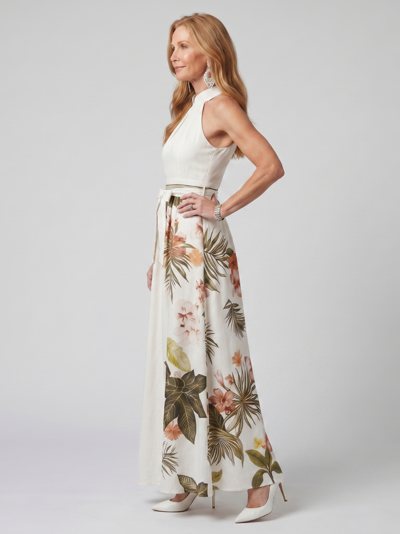 Pradera | Vestido Maxi de Painel Botânico com Decote Halter Drapado