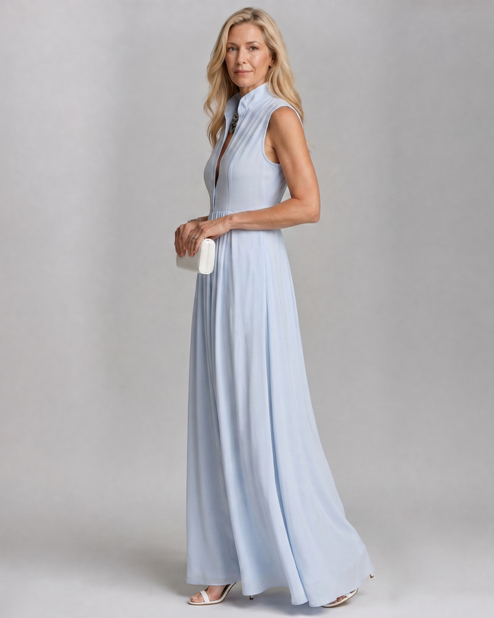 Virelia | Vestido Maxi Fluido Sem Mangas com Gola