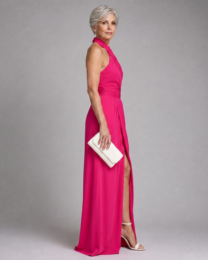 Vaelora | Vestido Midi com Decote Halter Cruzado e Fenda Lateral