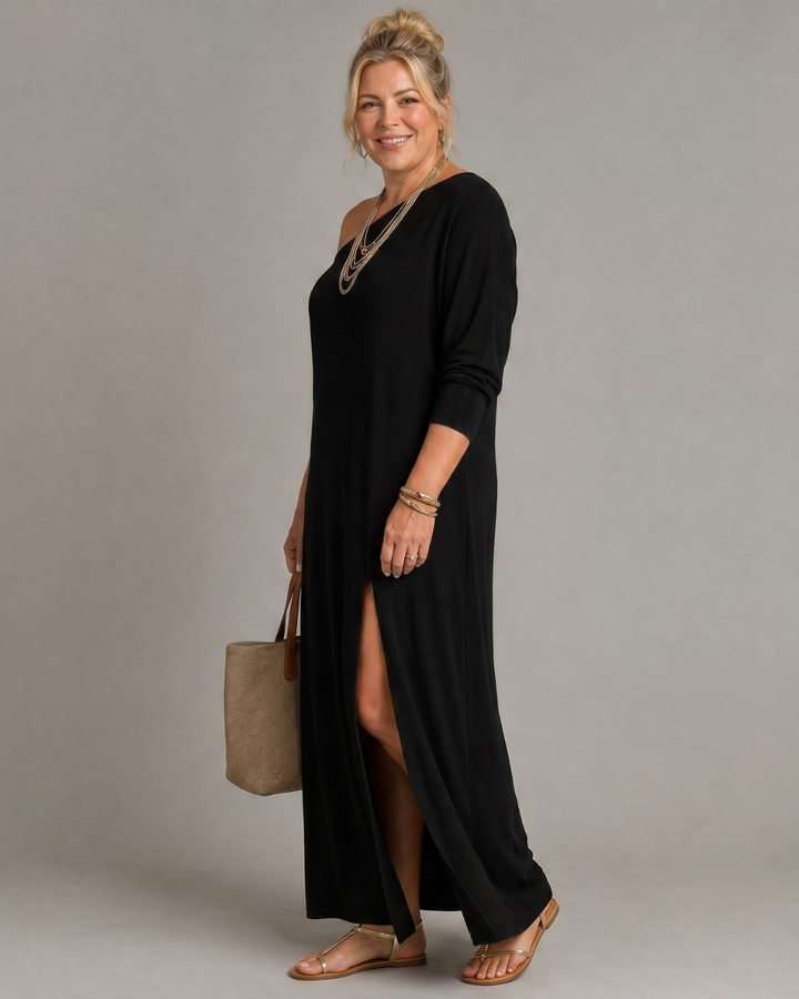 Asterelle | Vestido Midi Fluido com Um Ombro e Fenda Lateral