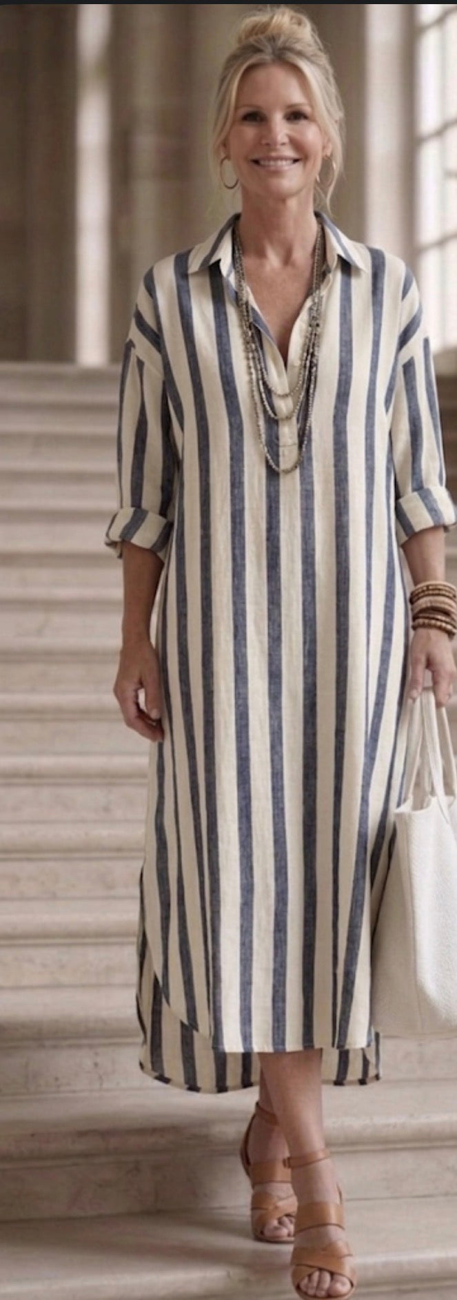 Naomi | Vestido Camisa Midi de Manga Larga às Riscas