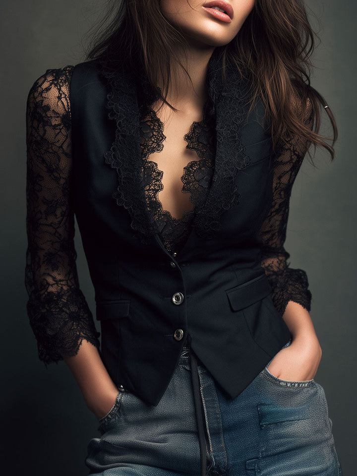 Noémie | Blazer Preto com Mangas Semi-Transparentes