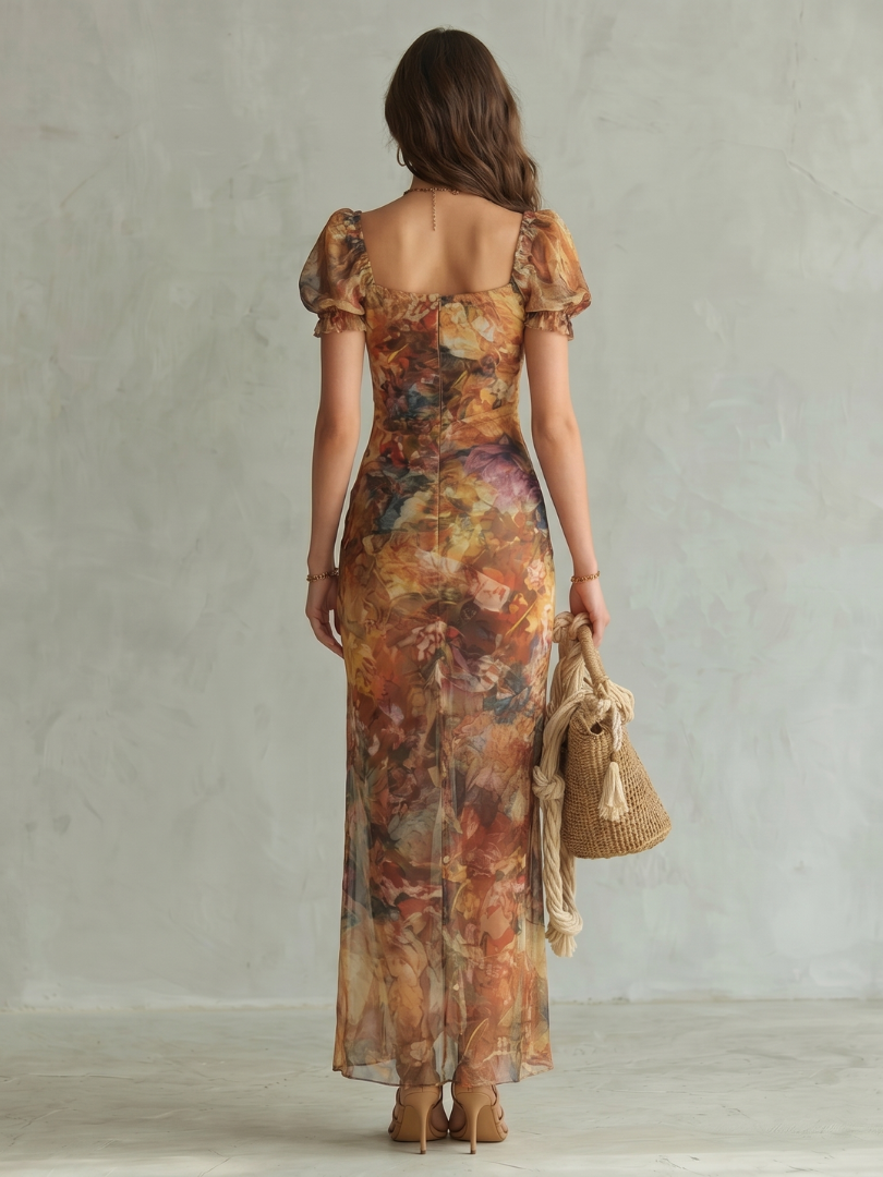 Ciel | Vestido Midi com Mangas Voladas e Abertura