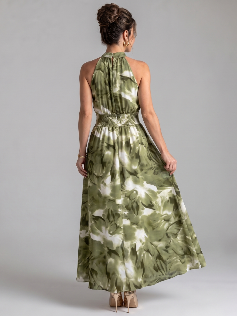 Olivia | Vestido Midi de Impressão Abstrata com Cintura Fruncida