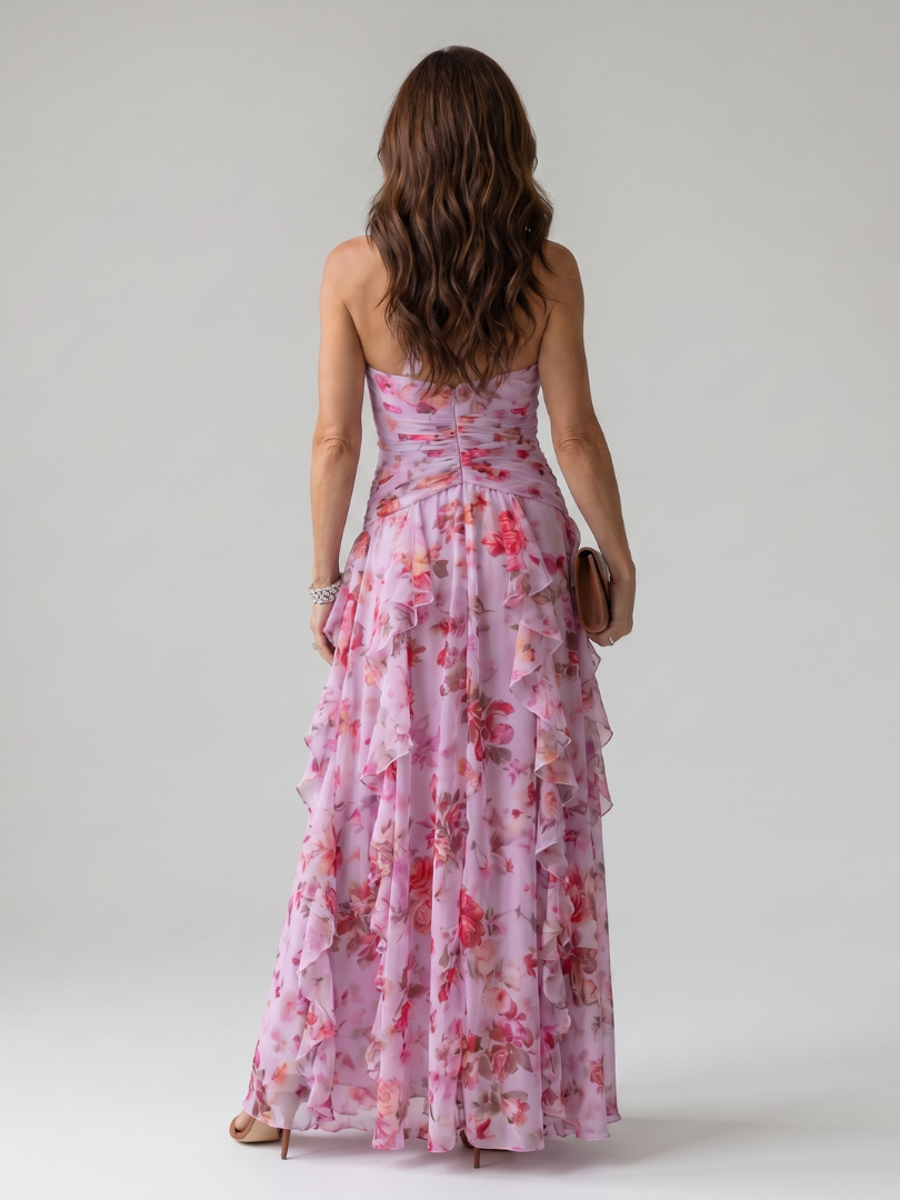 Nori | Vestido Maxi Floral com Decote Halter e Corpo Fruncido