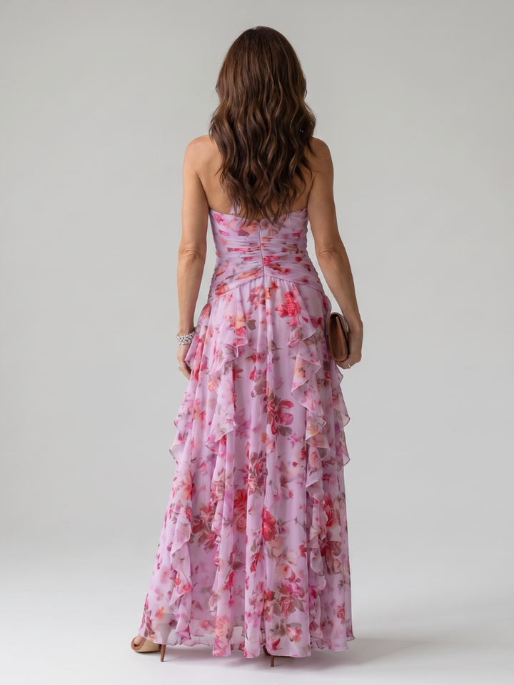 Nori | Vestido Maxi Floral com Decote Halter e Corpo Fruncido