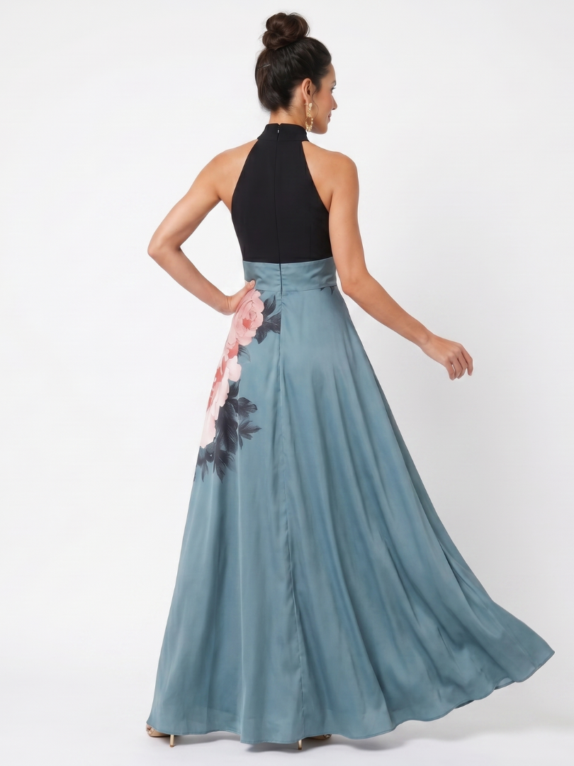 Olympas | Vestido Maxi de Saia Floral com Corpo Halter