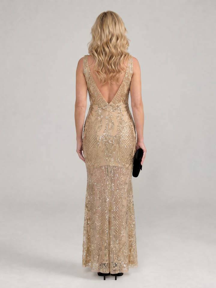 Sirea | Vestido Midi Sem Mangas com Painéis Transparentes e Lantejoulas