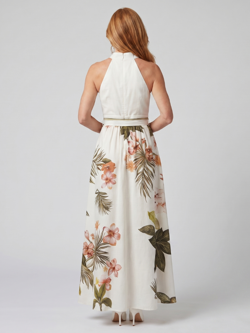 Pradera | Vestido Maxi de Painel Botânico com Decote Halter Drapado