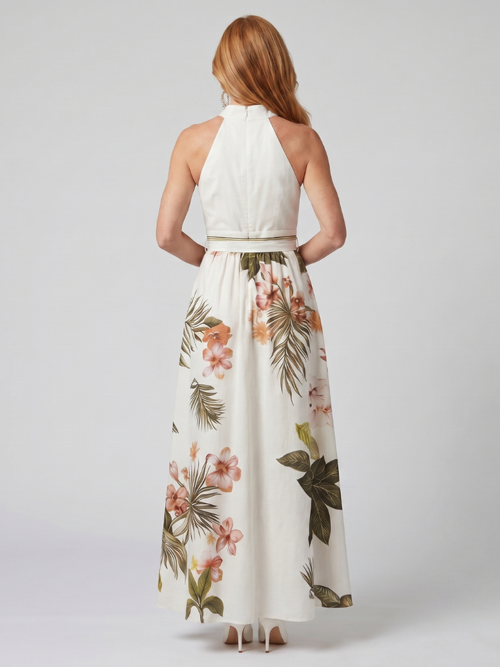 Pradera | Vestido Maxi de Painel Botânico com Decote Halter Drapado