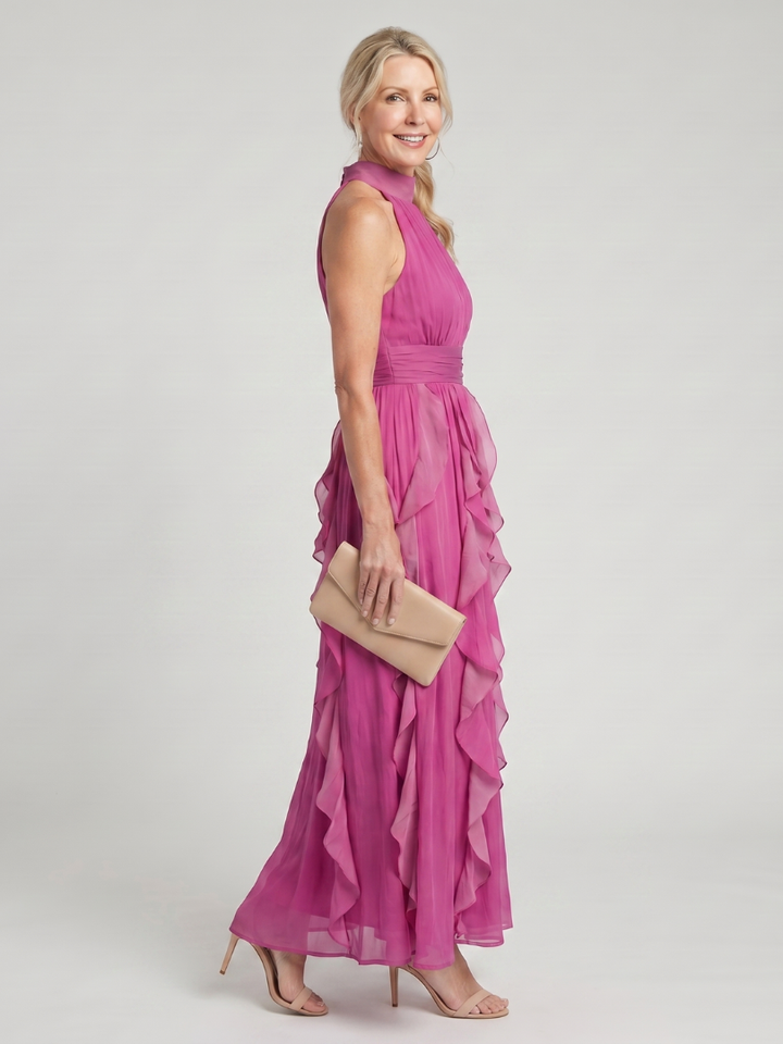 Orea | Vestido Maxi com Decote Alto e Camadas de Volantes