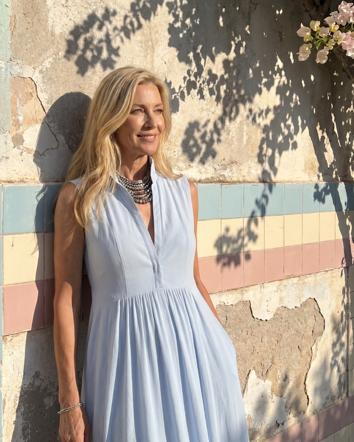 Virelia | Vestido Maxi Fluido Sem Mangas com Gola