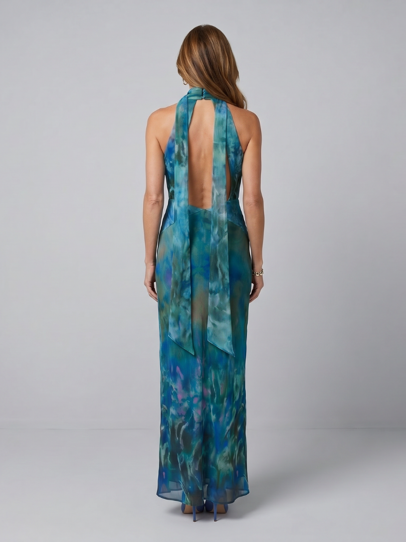 Junípero | Vestido Maxi Sem Mangas com Decote Halter e Abertura