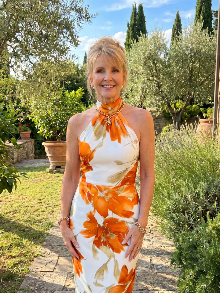 Zinnara | Vestido Midi com Decote Halter e Estampado Floral
