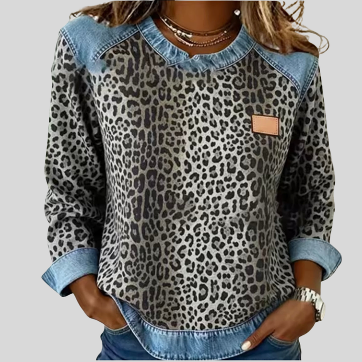 Hollyn™ | Sweater de Estampa de Leopardo com Gola de Denim