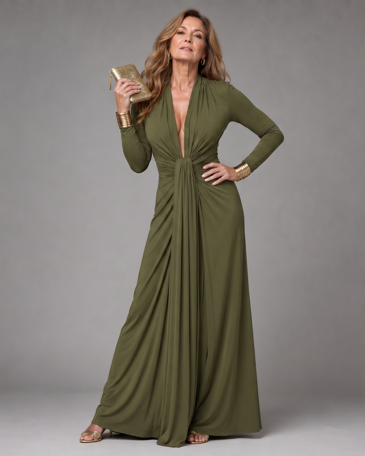 Vimmer | Vestido Maxi de Manga Longa com Decote V Profundo Drapado