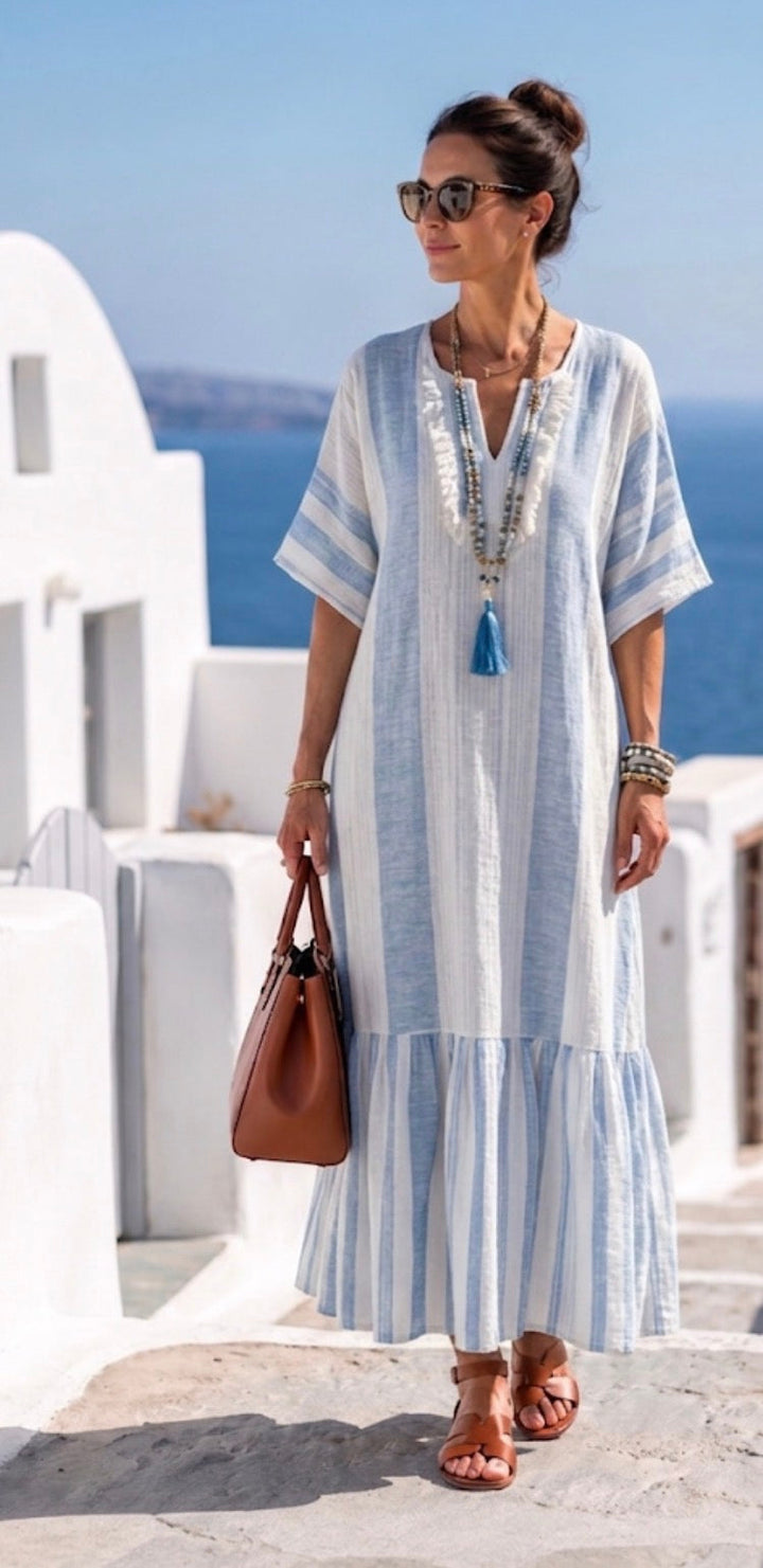 Ione | Vestido Maxi às Riscas de Decote Redondo e Manga Curta
