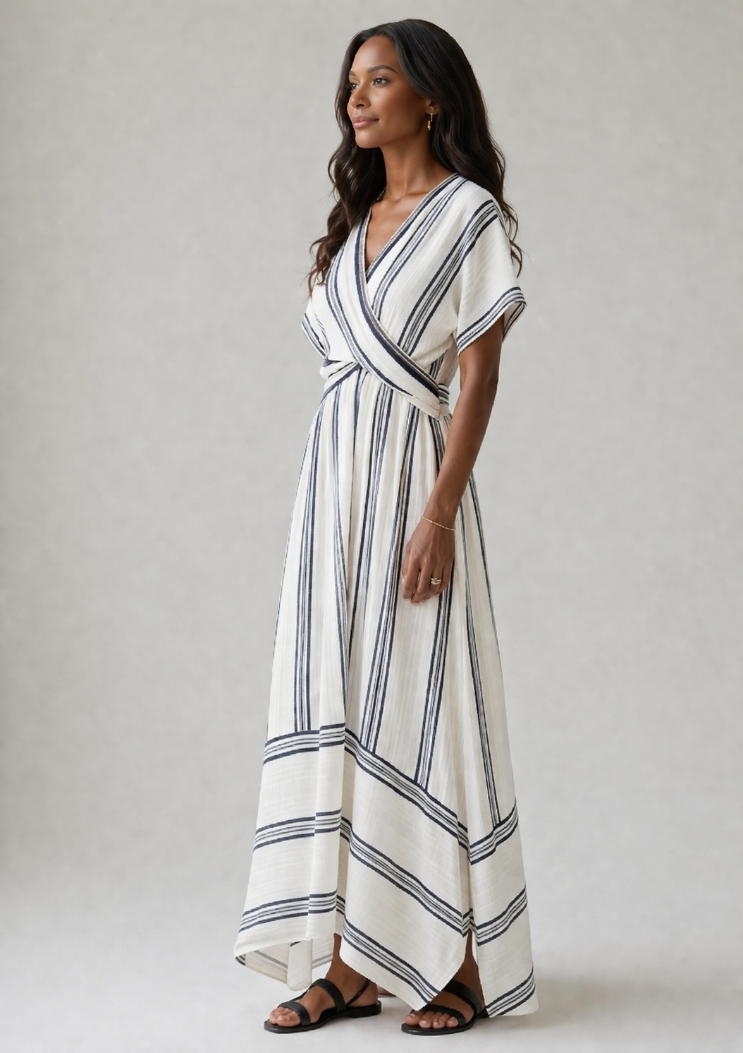 Thalassa | Vestido Midi Envoltório de Manga Curta com Decote em V