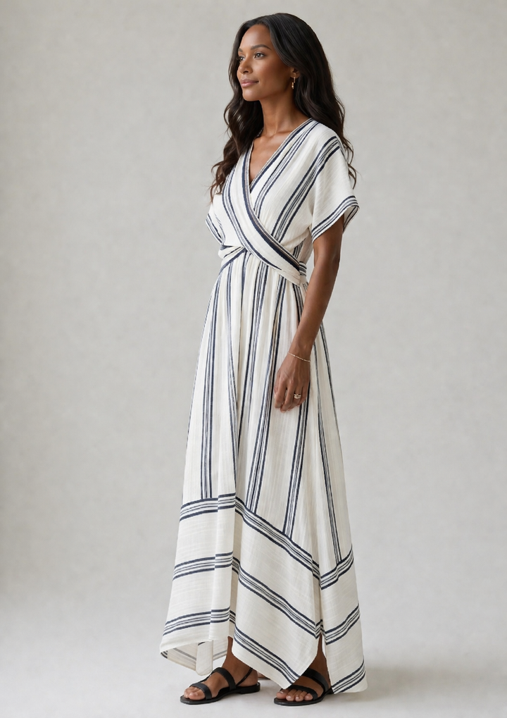 Thalassa | Vestido Midi Envoltório de Manga Curta com Decote em V