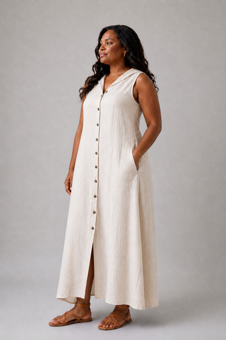 Marune | Vestido Maxi Sem Mangas com Botões e Capuz
