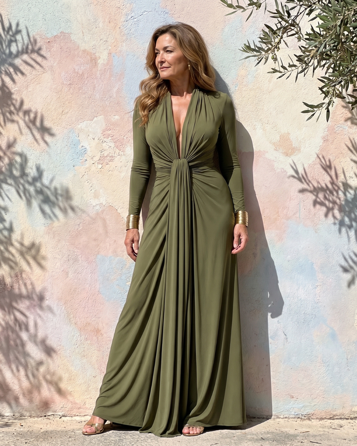 Vimmer | Vestido Maxi de Manga Longa com Decote V Profundo Drapado
