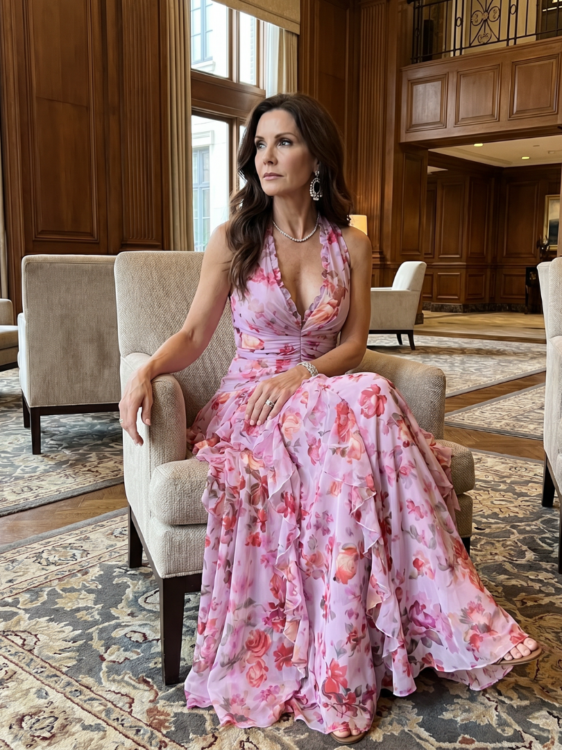 Nori | Vestido Maxi Floral com Decote Halter e Corpo Fruncido