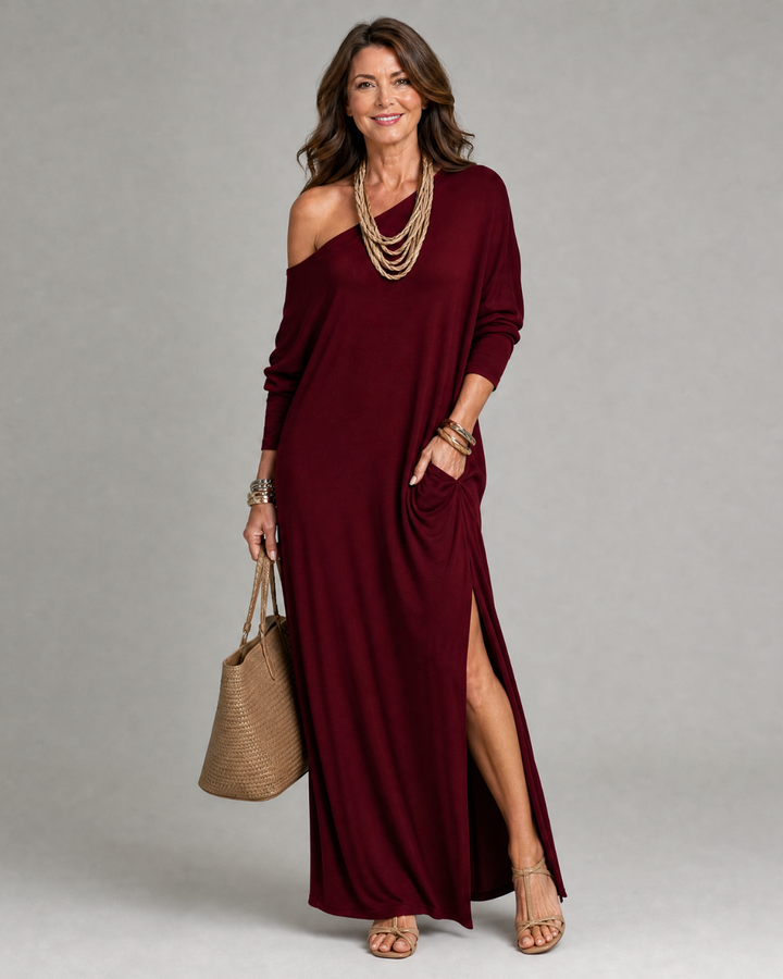 Asterelle | Vestido Midi Fluido com Um Ombro e Fenda Lateral