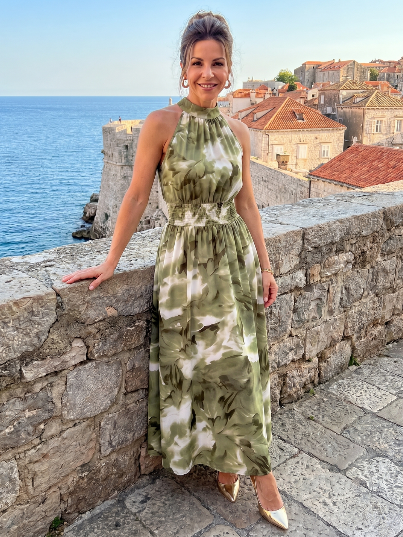 Olivia | Vestido Midi de Impressão Abstrata com Cintura Fruncida