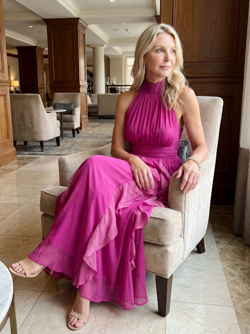 Orea | Vestido Maxi com Decote Alto e Camadas de Volantes