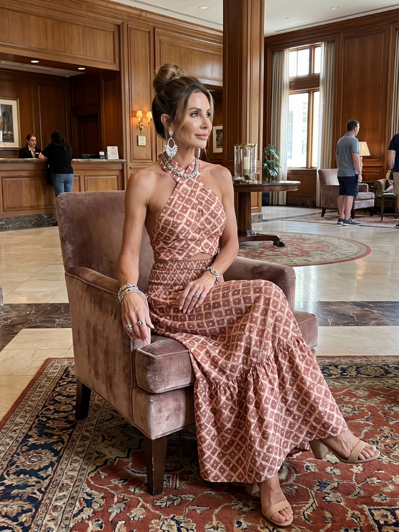 Amira | Vestido Midi Cortado com Estampado Geométrico e Decote Halter Cruzado