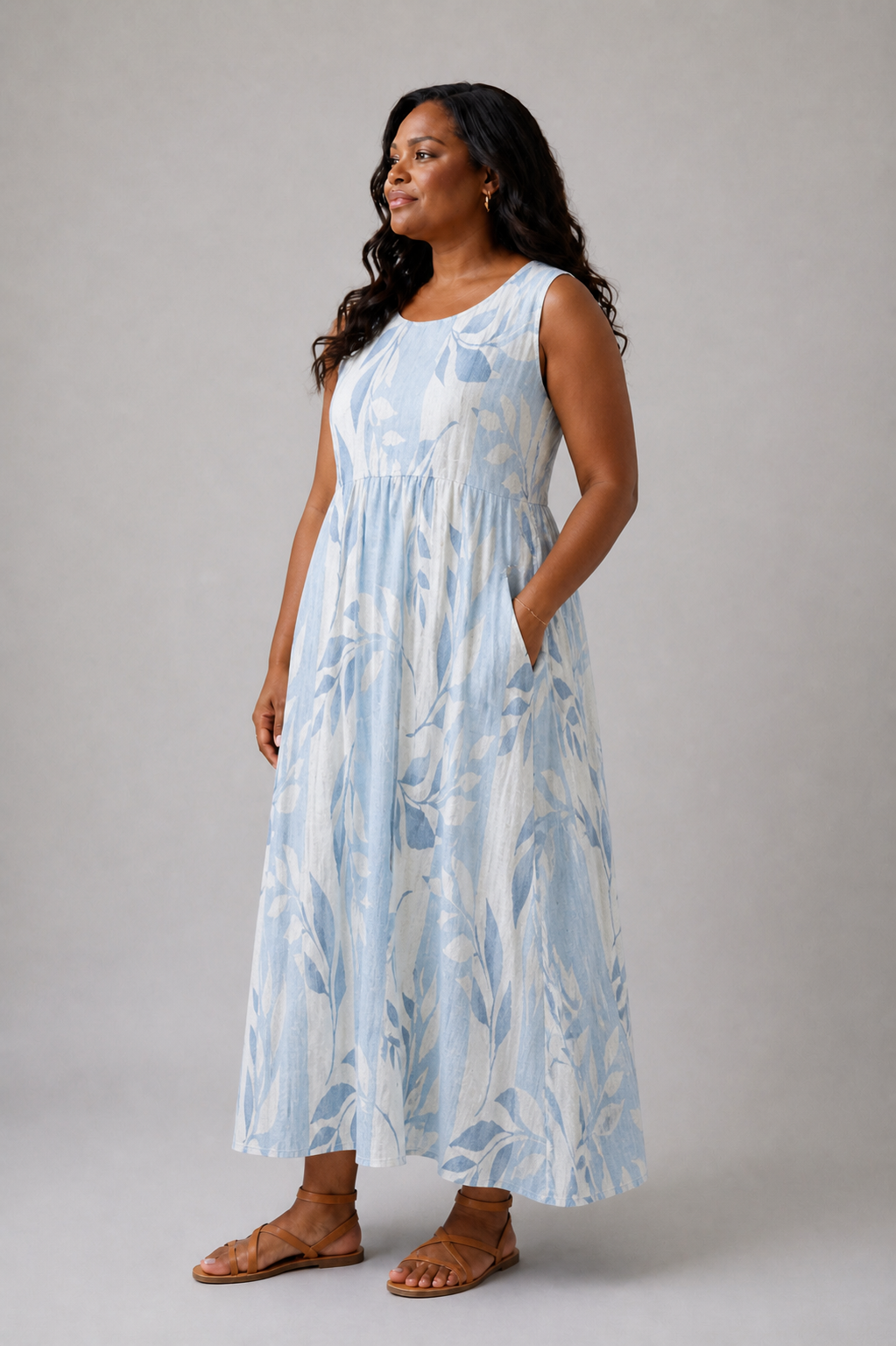 Solene | Vestido Midi Sem Mangas com Padrão de Folhas Azuis