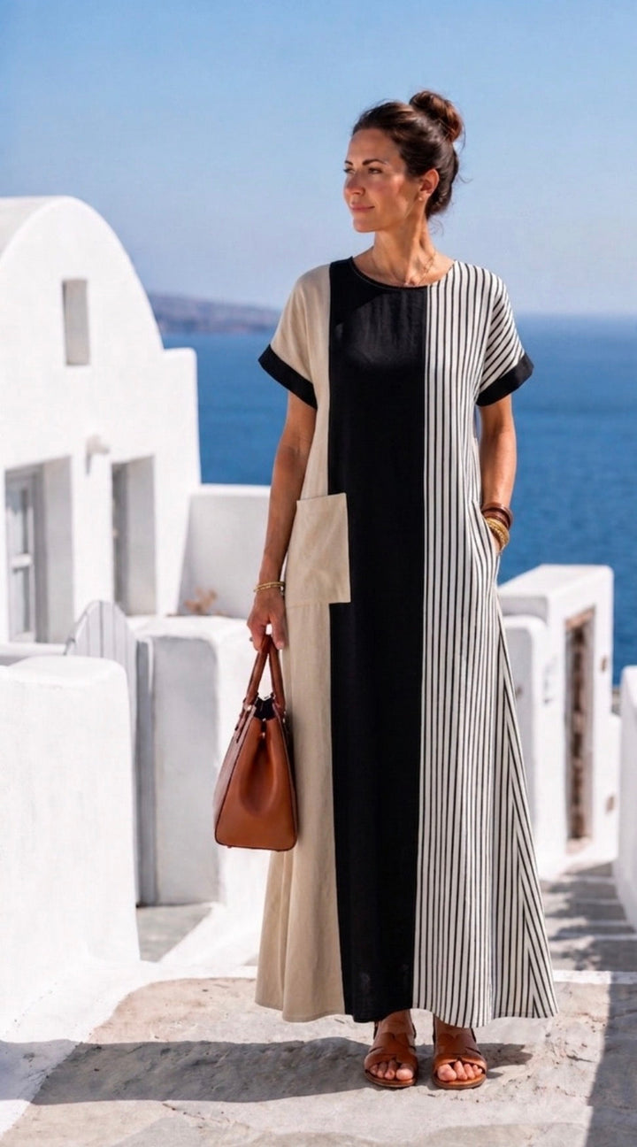 Elara | Vestido Maxi às Riscas de Decote Redondo e Manga Curta