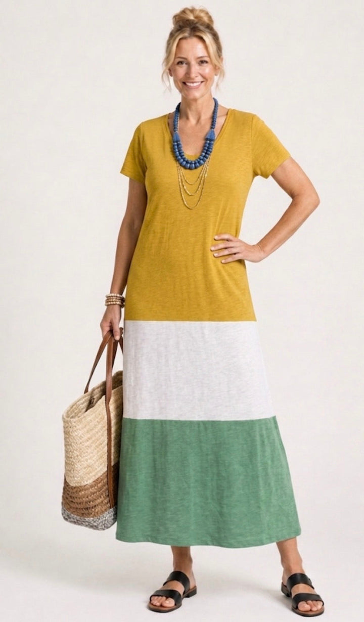 Thalia | Vestido Midi de Manga Curta com Bloco de Cor