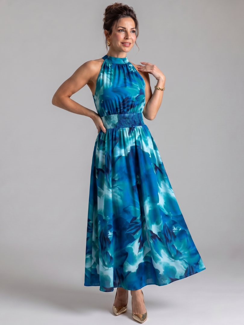 Olivia | Vestido Midi de Impressão Abstrata com Cintura Fruncida