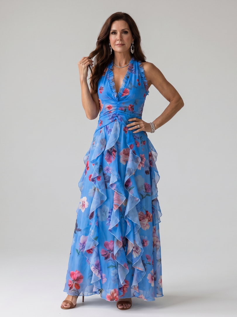 Nori | Vestido Maxi Floral com Decote Halter e Corpo Fruncido