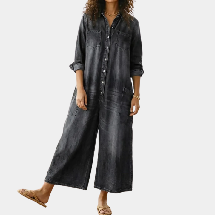 Diana | Macacão de Denim de Algodão Lavado Vintage com Fecho de Botão