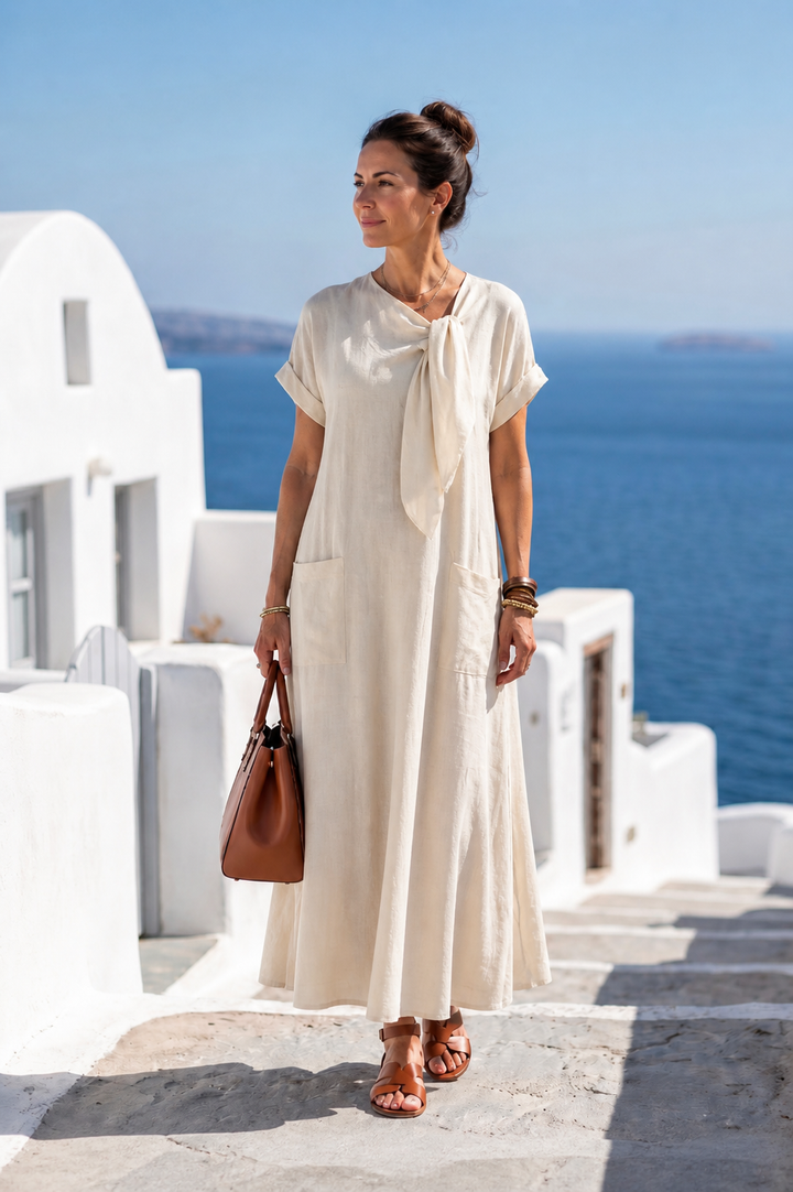 Elowyn | Vestido Maxi de Decote Redondo e Manga Curta com Bolso